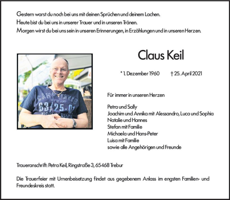  Traueranzeige für Claus Keil vom 30.04.2021 aus vrm-trauer
