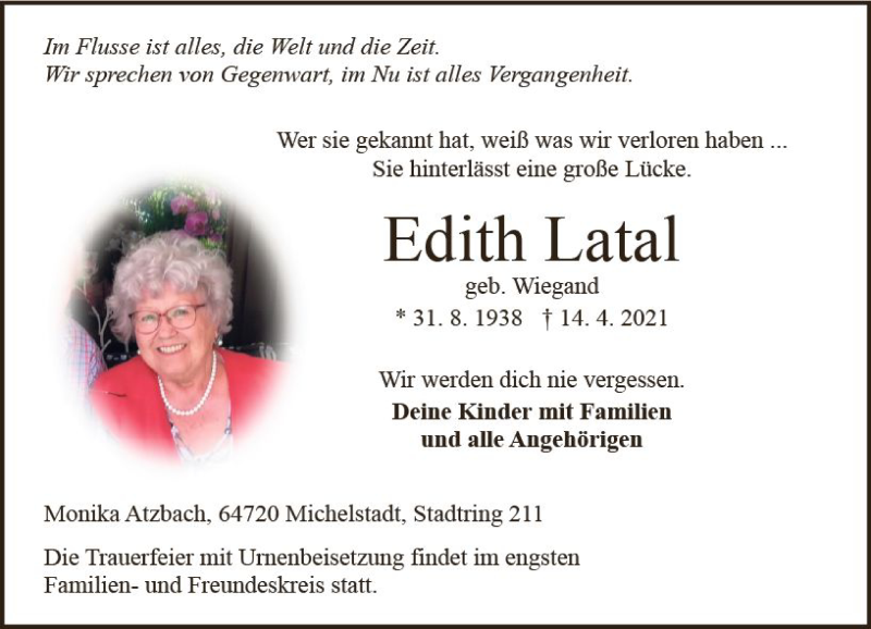  Traueranzeige für Edith Latal vom 17.04.2021 aus vrm-trauer