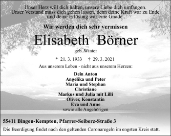 Traueranzeige von Elisabeth Börner von vrm-trauer