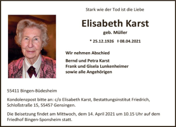 Traueranzeige von Elisabeth Karst von vrm-trauer