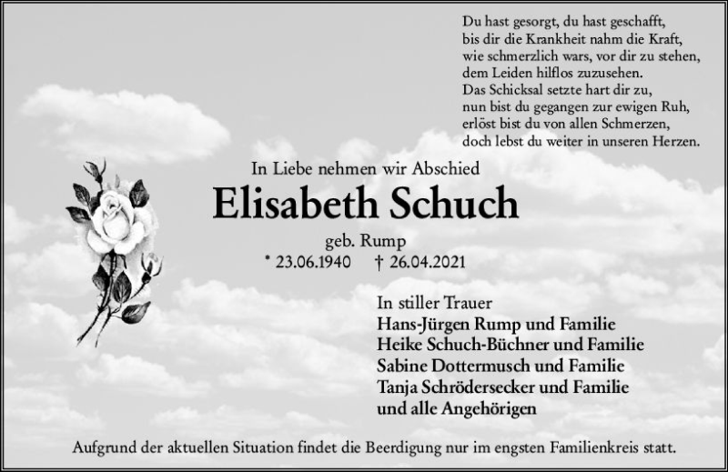  Traueranzeige für Elisabeth Schuch vom 28.04.2021 aus vrm-trauer