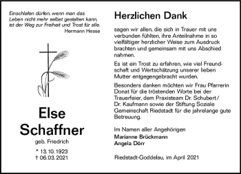Traueranzeige von Else Schaffner von vrm-trauer