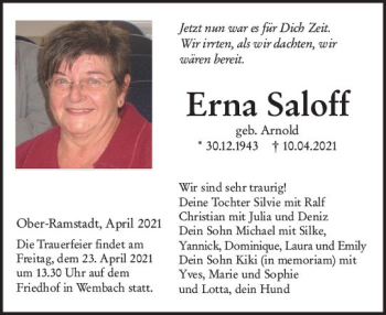Traueranzeige von Erna Saloff von vrm-trauer