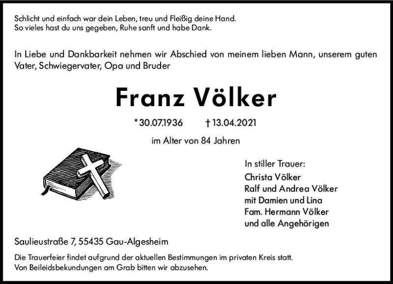  Traueranzeige für Franz Völker vom 17.04.2021 aus vrm-trauer