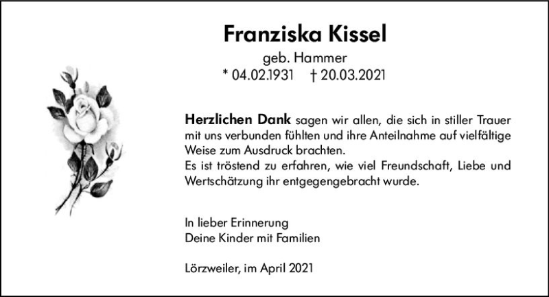  Traueranzeige für Franziska Kissel vom 17.04.2021 aus vrm-trauer