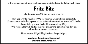 Traueranzeige von Fritz Bitz von vrm-trauer