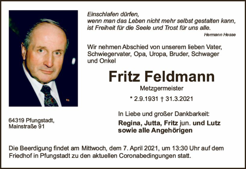  Traueranzeige für Fritz Feldmann vom 03.04.2021 aus vrm-trauer