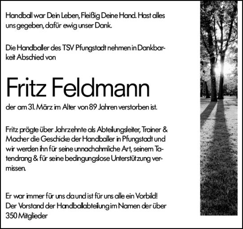  Traueranzeige für Fritz Feldmann vom 08.04.2021 aus vrm-trauer