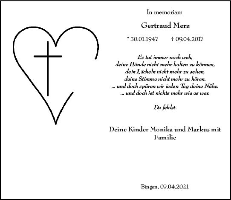  Traueranzeige für Gertraud Merz vom 09.04.2021 aus vrm-trauer