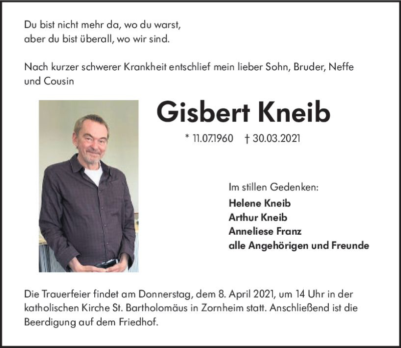  Traueranzeige für Gisbert Kneib vom 03.04.2021 aus vrm-trauer