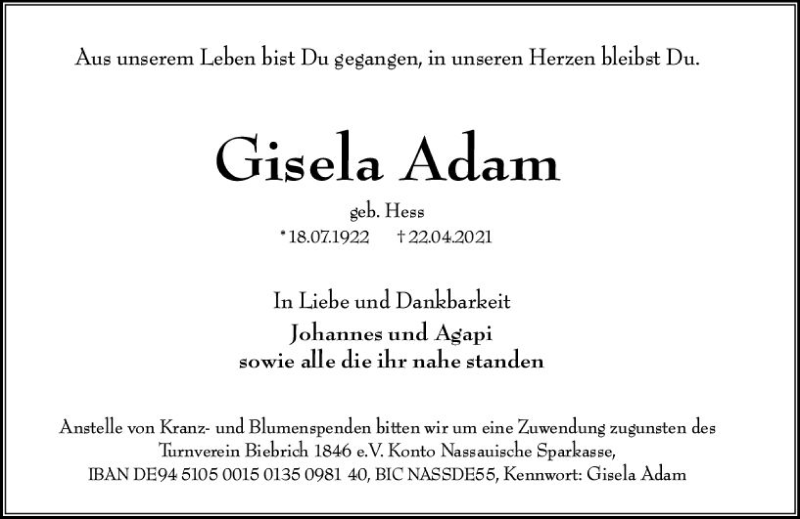  Traueranzeige für Gisela Adam vom 30.04.2021 aus vrm-trauer