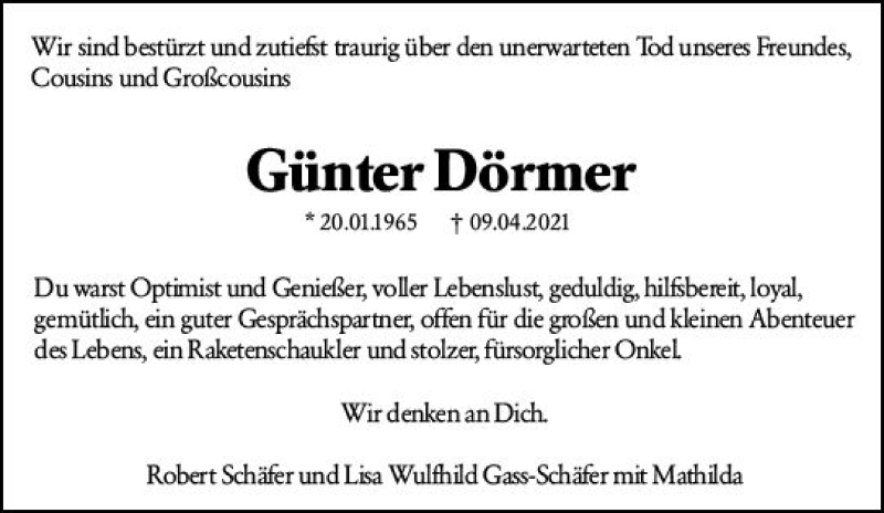  Traueranzeige für Günter Dörmer vom 24.04.2021 aus vrm-trauer