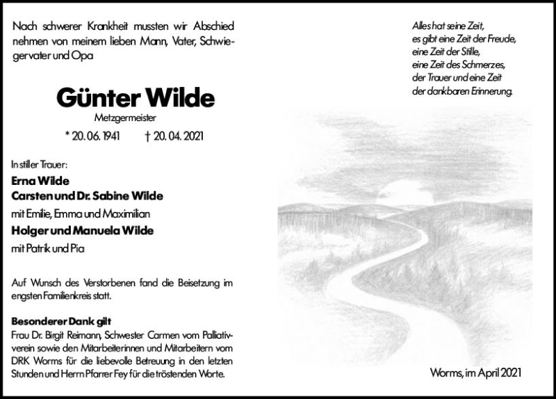  Traueranzeige für Günter Wilde vom 30.04.2021 aus vrm-trauer