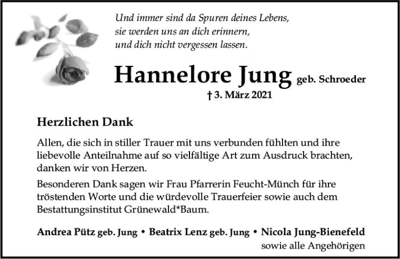  Traueranzeige für Hannelore Jung vom 03.04.2021 aus vrm-trauer