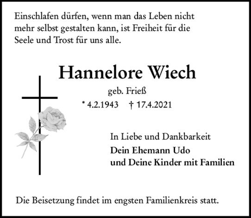  Traueranzeige für Hannelore Wiech vom 24.04.2021 aus vrm-trauer
