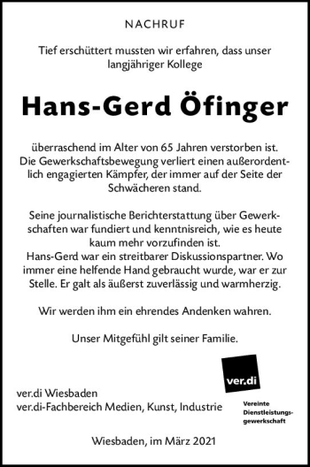 Traueranzeige von Hans-Gerd Öfinger von vrm-trauer