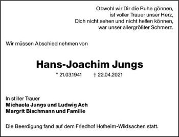 Traueranzeige von Hans-Joachim Jungs von vrm-trauer