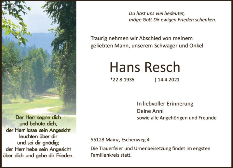  Traueranzeige für Hans Resch vom 24.04.2021 aus vrm-trauer