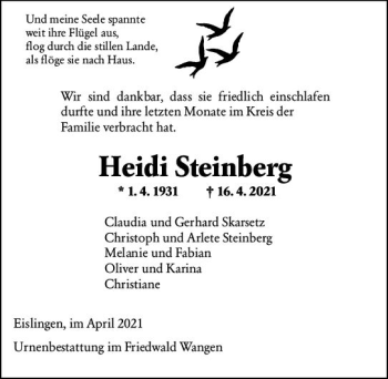 Traueranzeige von Heidi Steinberg von vrm-trauer