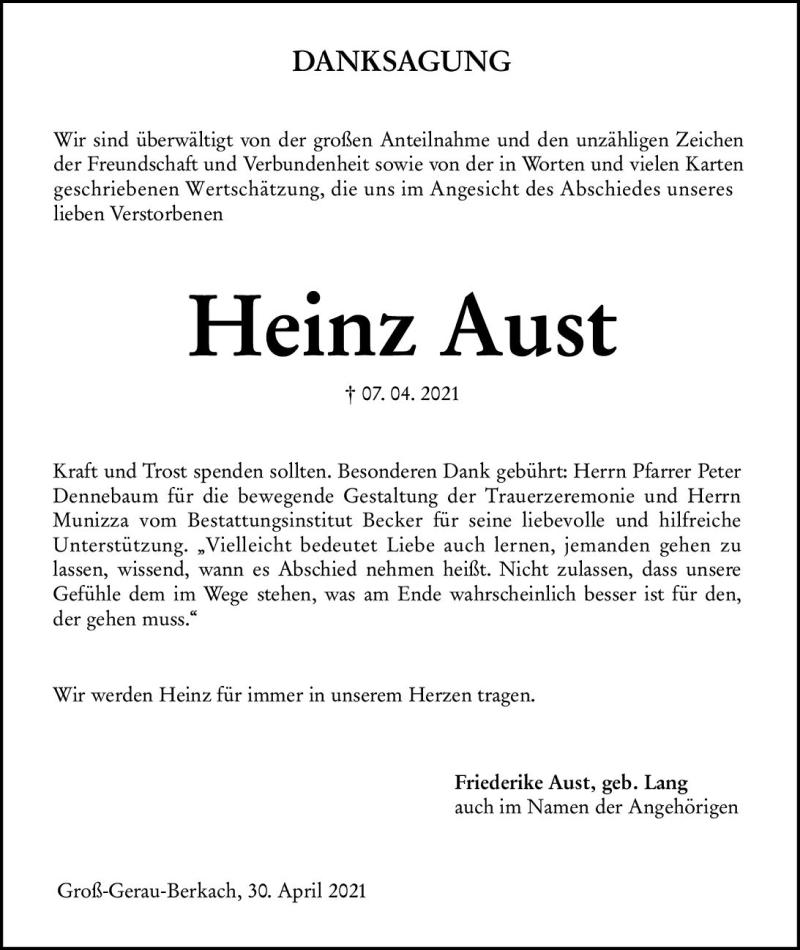  Traueranzeige für Heinz Aust vom 30.04.2021 aus vrm-trauer