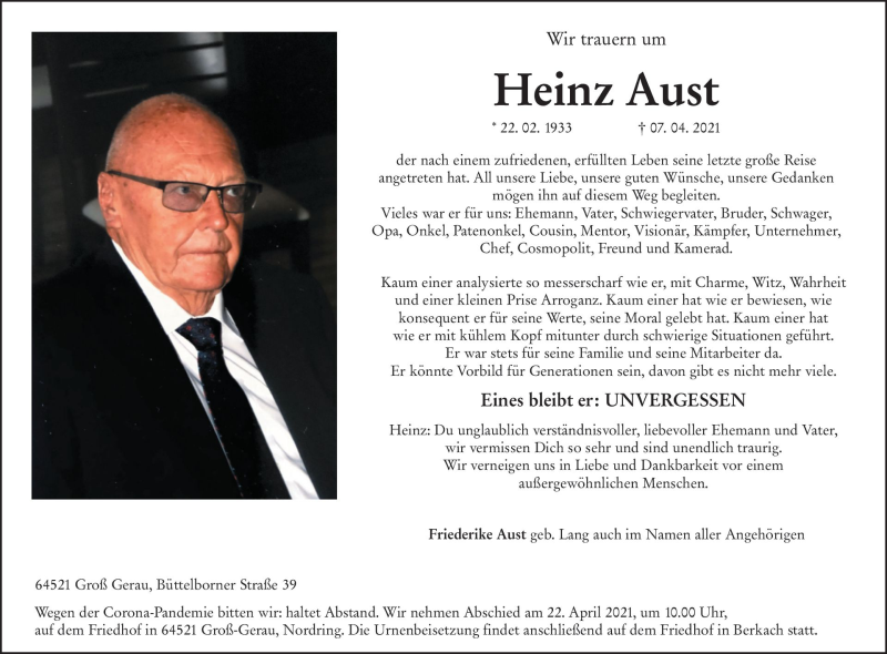  Traueranzeige für Heinz Aust vom 17.04.2021 aus vrm-trauer