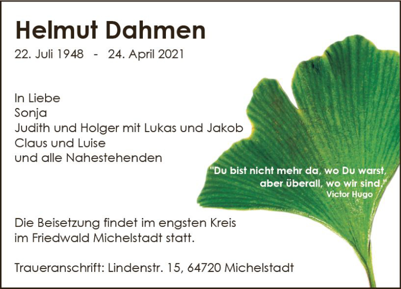  Traueranzeige für Helmut Dahmen vom 30.04.2021 aus vrm-trauer