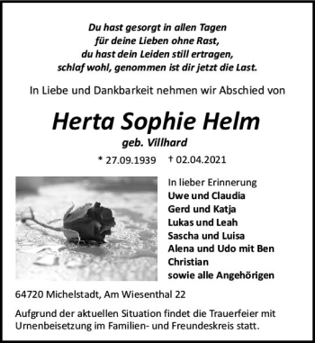 Traueranzeige von Herta Sophie Helm von vrm-trauer