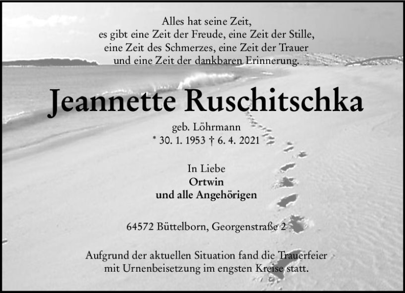  Traueranzeige für Jannette Ruschitschka vom 24.04.2021 aus vrm-trauer