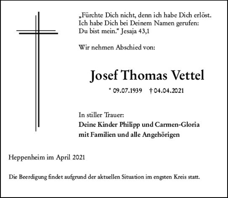 Traueranzeige für Josef Thomas Vettel vom 09.04.2021 aus vrm-trauer