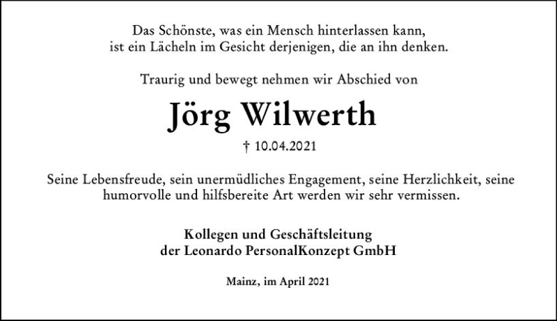  Traueranzeige für Jörg Wilwerth vom 21.04.2021 aus vrm-trauer