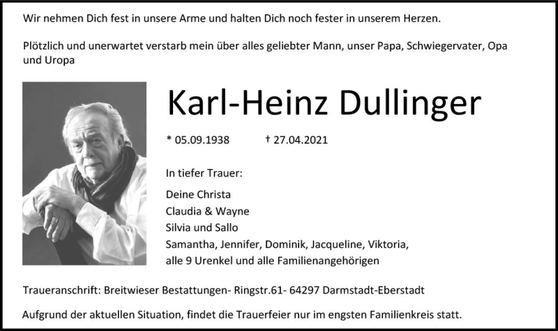  Traueranzeige für Karl-Heinz Dullinger vom 30.04.2021 aus vrm-trauer