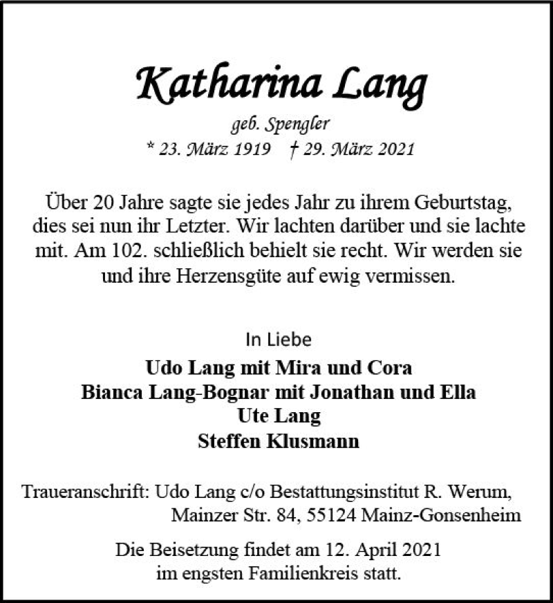  Traueranzeige für Katharina Lang vom 10.04.2021 aus vrm-trauer