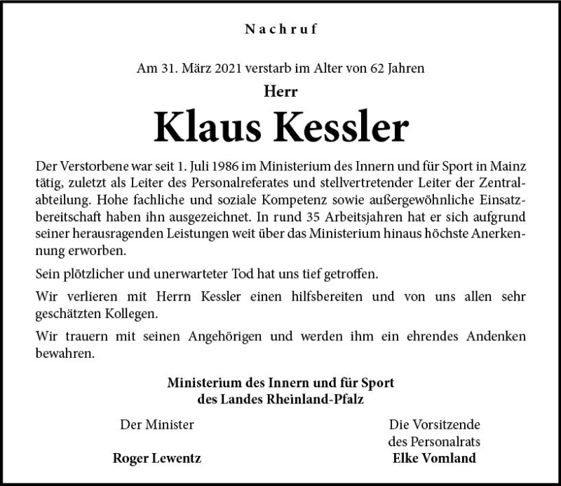  Traueranzeige für Klaus Kessler vom 10.04.2021 aus vrm-trauer