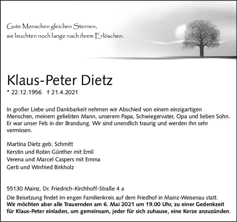  Traueranzeige für Klaus-Peter Dietz vom 30.04.2021 aus vrm-trauer