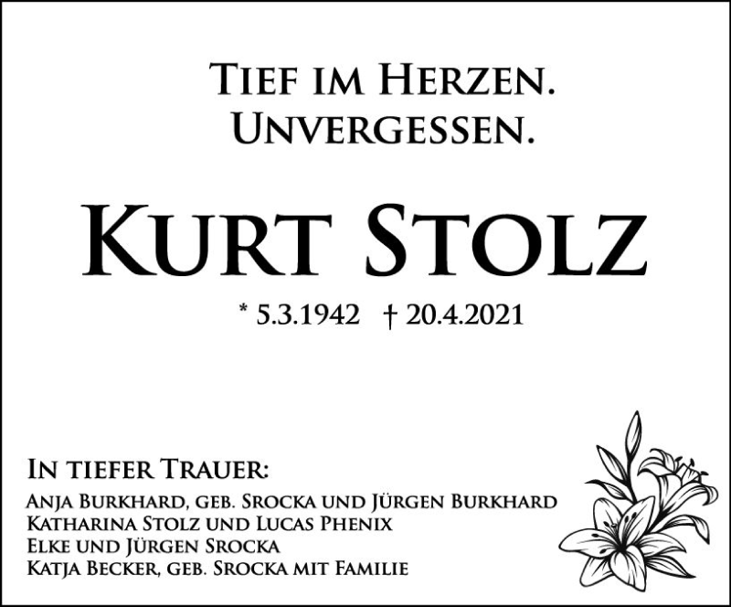  Traueranzeige für Kurt Stolz vom 30.04.2021 aus vrm-trauer