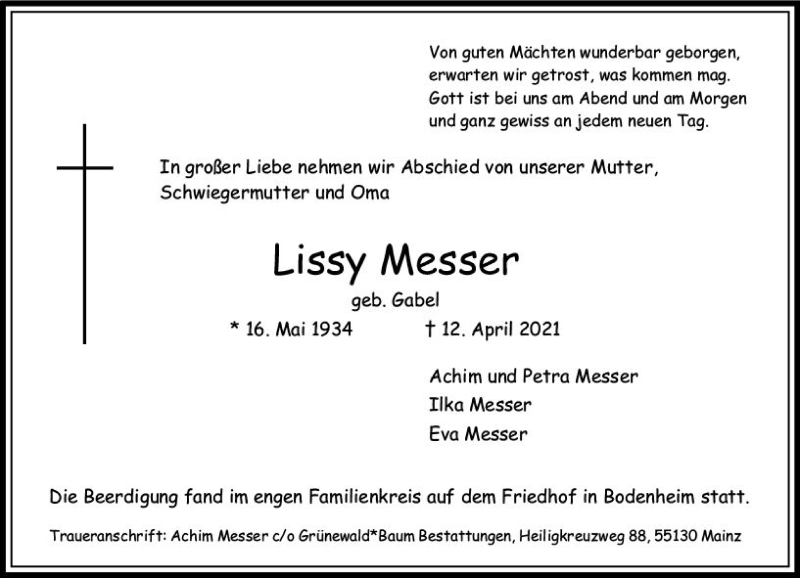 Traueranzeige für Lissy Messer vom 24.04.2021 aus vrm-trauer