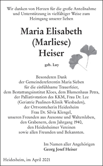 Traueranzeige von Maria Heiser von vrm-trauer