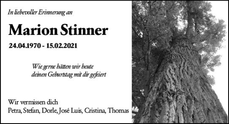 Traueranzeige für Marion Stinner vom 24.04.2021 aus vrm-trauer