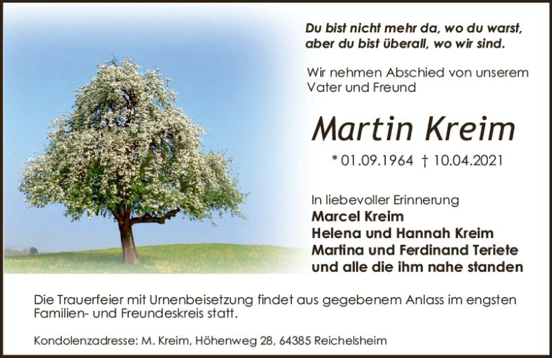  Traueranzeige für Martin Kreim vom 17.04.2021 aus vrm-trauer