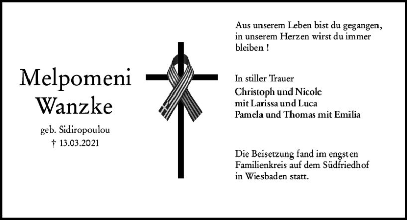  Traueranzeige für Melpomeni Wanzke vom 03.04.2021 aus vrm-trauer