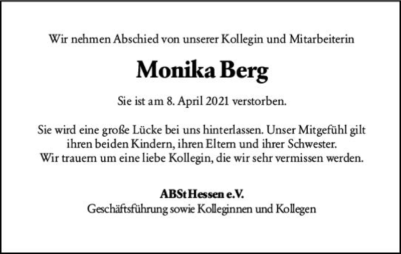  Traueranzeige für Monika Berg vom 19.04.2021 aus vrm-trauer