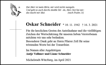 Traueranzeige von Oskar Schneider von vrm-trauer