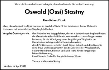 Traueranzeige von Oswald Stastny von vrm-trauer