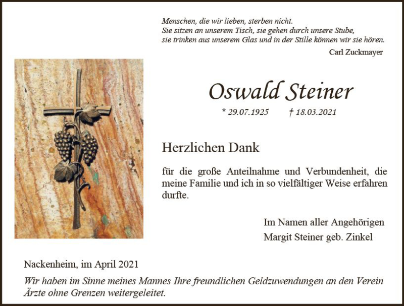  Traueranzeige für Oswald Steiner vom 17.04.2021 aus vrm-trauer