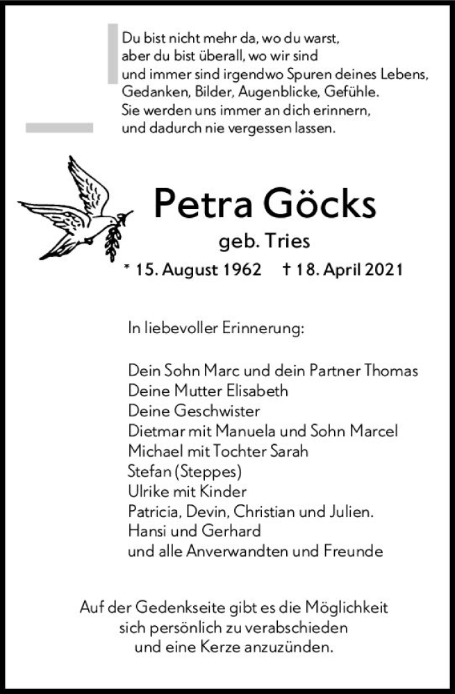  Traueranzeige für Petra Göcks vom 24.04.2021 aus vrm-trauer