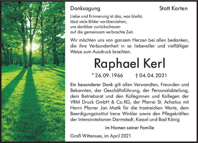  Traueranzeige für Raphael Kerl vom 24.04.2021 aus vrm-trauer