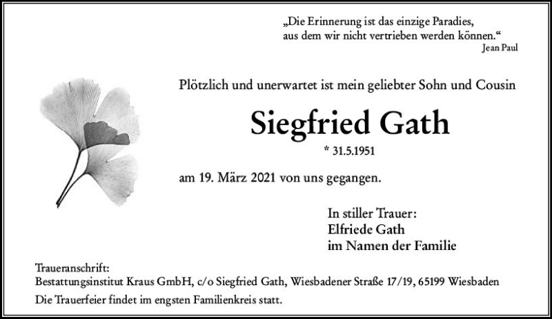  Traueranzeige für Siegfried Gath vom 03.04.2021 aus vrm-trauer