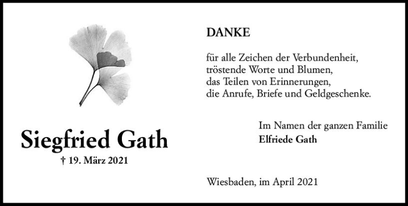  Traueranzeige für Siegfried Gath vom 24.04.2021 aus vrm-trauer