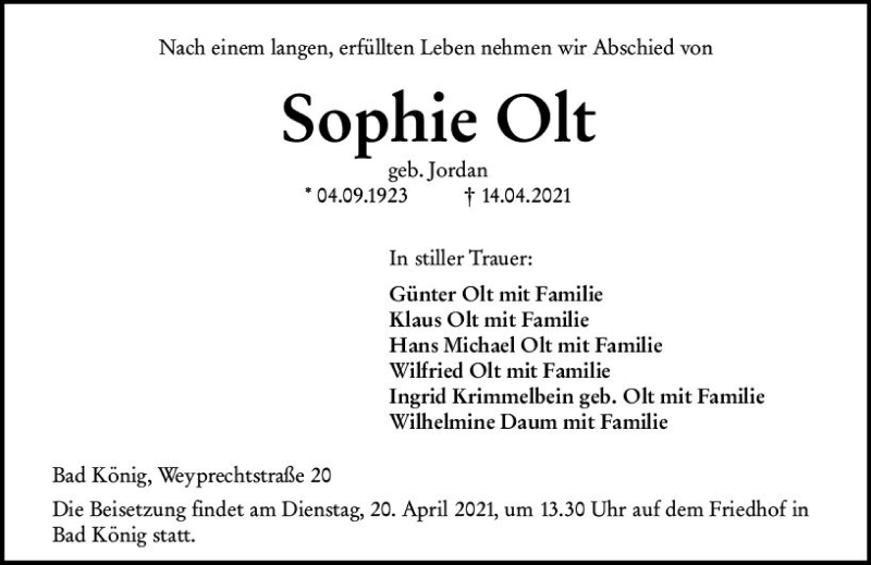  Traueranzeige für Sophie Olt vom 17.04.2021 aus vrm-trauer