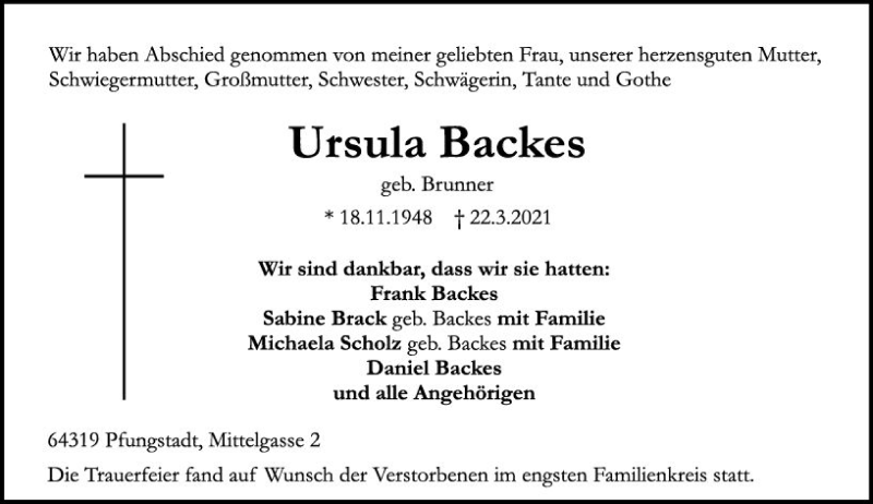  Traueranzeige für Ursula Backes vom 03.04.2021 aus vrm-trauer
